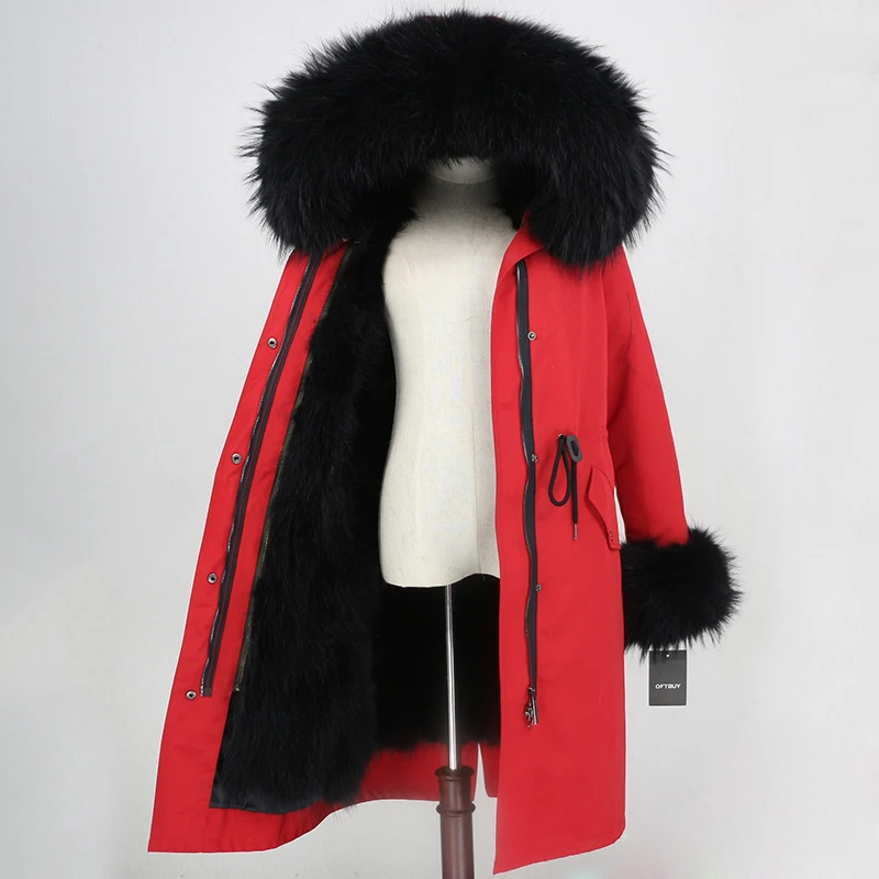 red black X-long парка, водонепроницаемая ткань, зимняя куртка, Женское пальто из натурального меха, натуральный мех енота, воротник, капюшон, манжеты, Лисий мех, подкладка, съемная - Цвет: red black