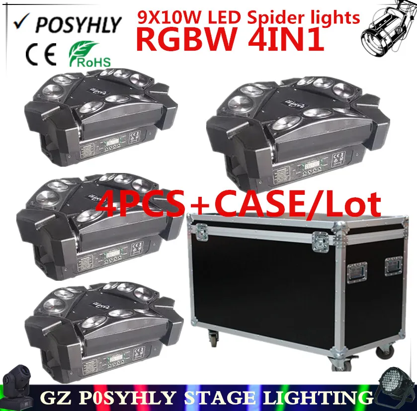 4 шт./9X10W светодиодные фонари-пауки + кейс для полета RGBW 4IN1 движущиеся фары dmx512