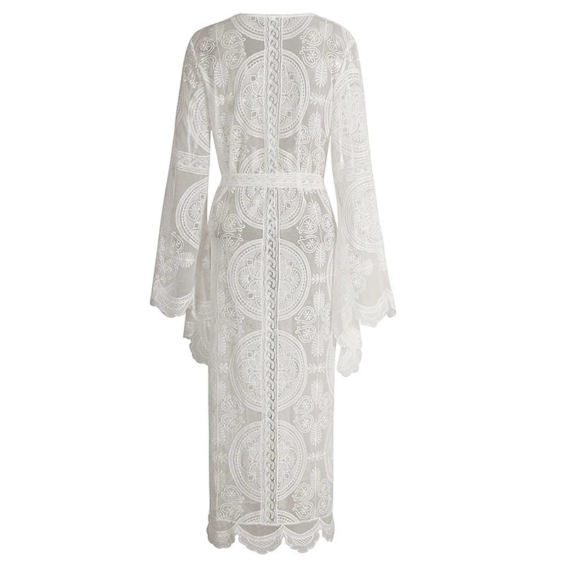 Богемное белое кружевное длинное кимоно кардиган для женщин Женская Сексуальная