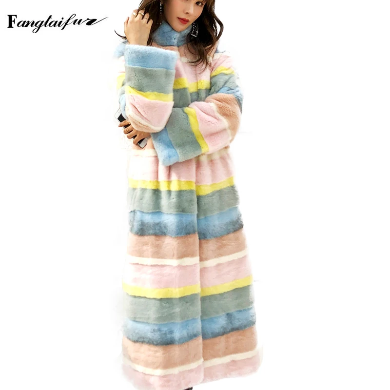 

Ftangaiur Women Imports Velvet Mink Fur Coat Rainbow Turn-Down Collar Mink Coats Women's X-Long Slim Real Mink Fur Coats