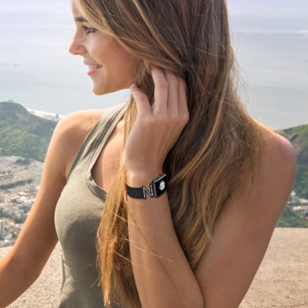 Миланский Браслет, Браслет с бриллиантами ремешок для наручных часов Apple Watch 38 мм, 42 мм, 40 мм 44 наручных часов iwatch серии 5/4/3/2 Нержавеющая сталь ремень для женщин