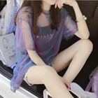 Модный женский черный сетчатый топ, футболка с рукавом до локтя + топ на бретелях, Прозрачная Футболка из 2 предметов