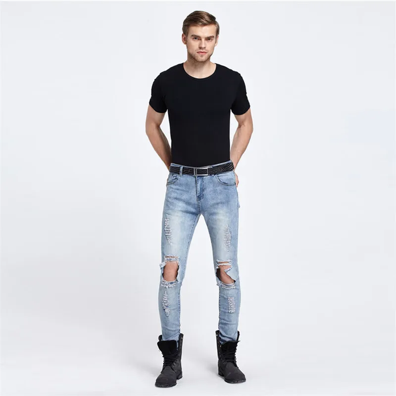 Синие рваные с отверстиями Узкие Брюки Slim Fit уничтожено джинсы для мужчин |