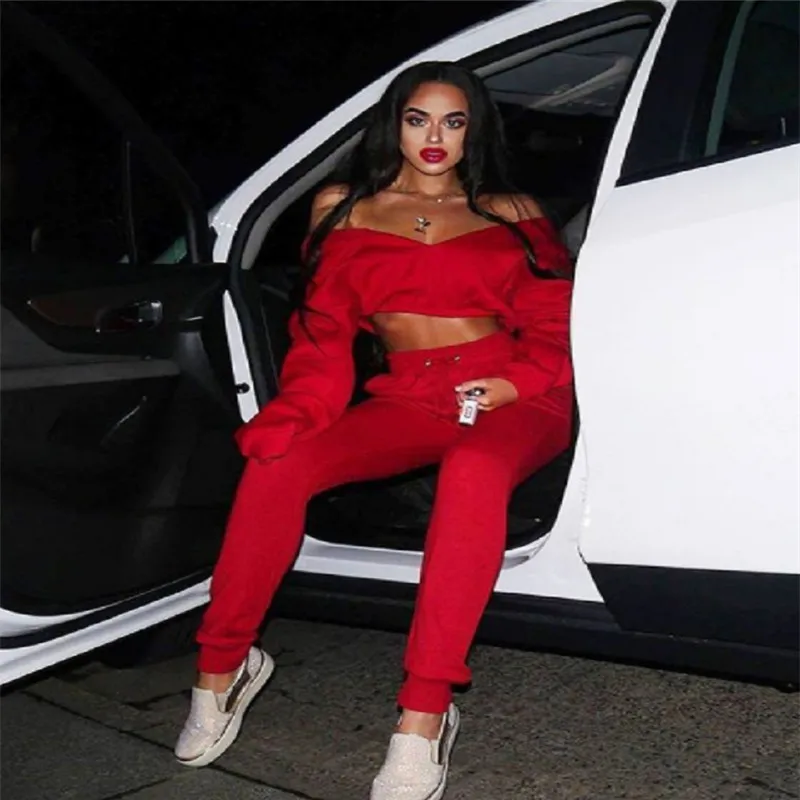 Women Autumn Clothes Casual Loose Off Shoulder Long Sleeve Deep V-Neck Lady Solid T-Shirt Fleece Regular Size Pullover | Женская одежда