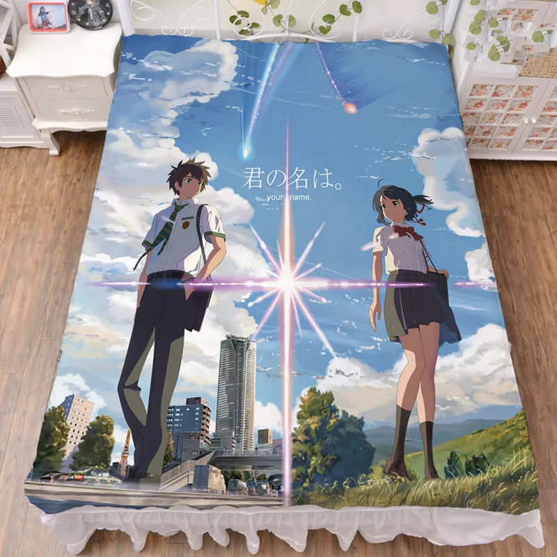 

150X200CM Anime Your name Character Tachibana Taki Miyamizu Mitsuha Milk Fiber Bed Sheet & Flannel Blanket Summer Quilt