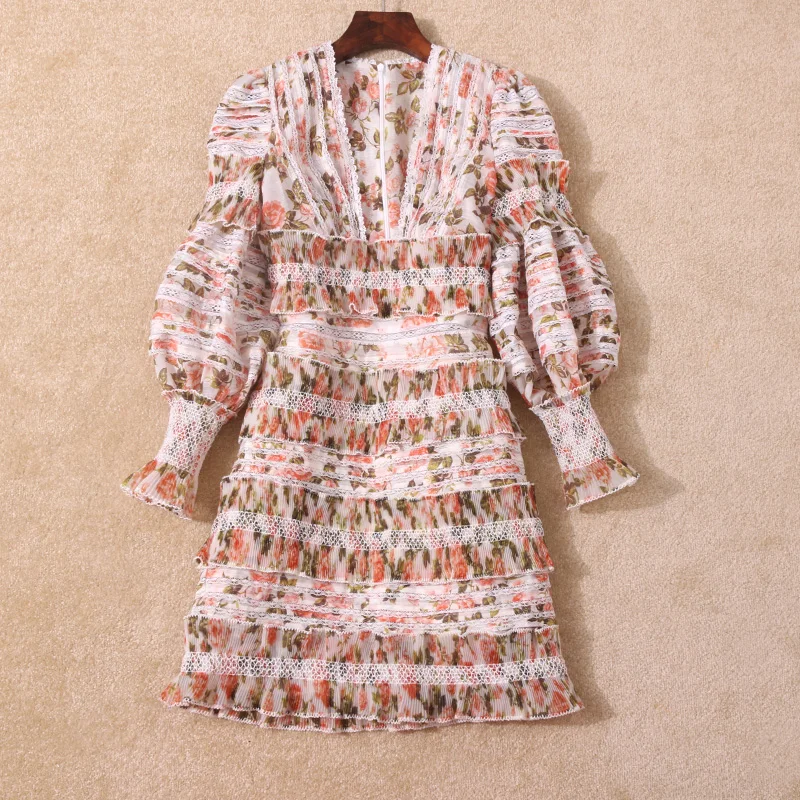 Silk and linen printed deep V-neck blister sleeve Floral Dress sexy dress short | Женская одежда