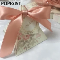 creative floral printed triangular pyramid wedding favors candy boxes bridal shower party gift box with ribbons tags 50pcs