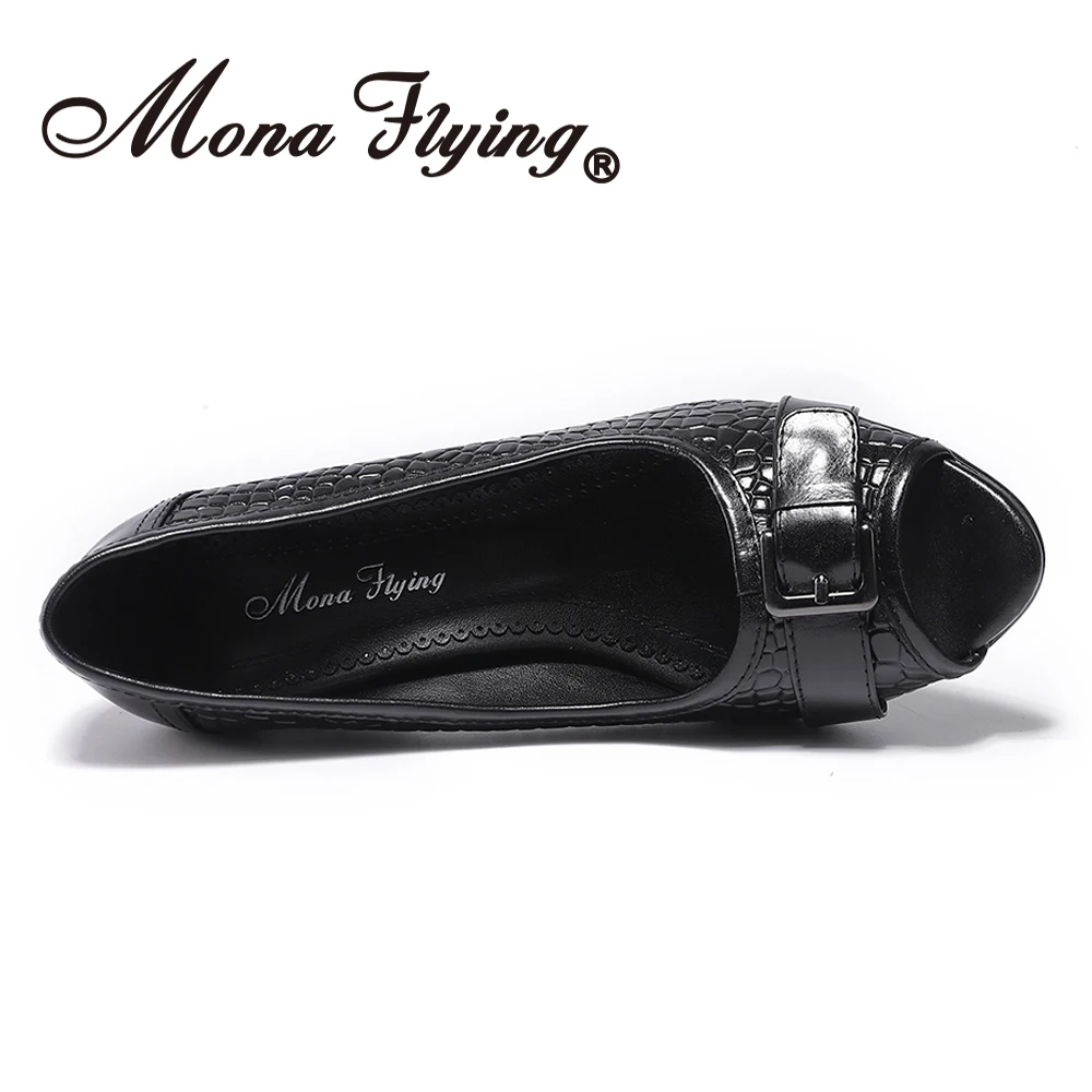 Mona Flying Women Leather Pumps Hand-made Casual Dress Buckle Slip-on Peep Toe Square Heel Shoes for Ladies 2020 205H-7Y | Обувь