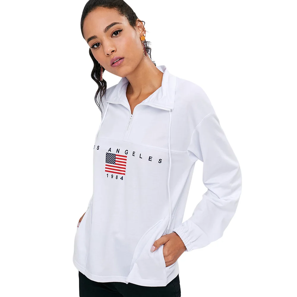 ZAFUL Графический Half Zip Американский Флаг Толстовка Высокая шея Для женщин С