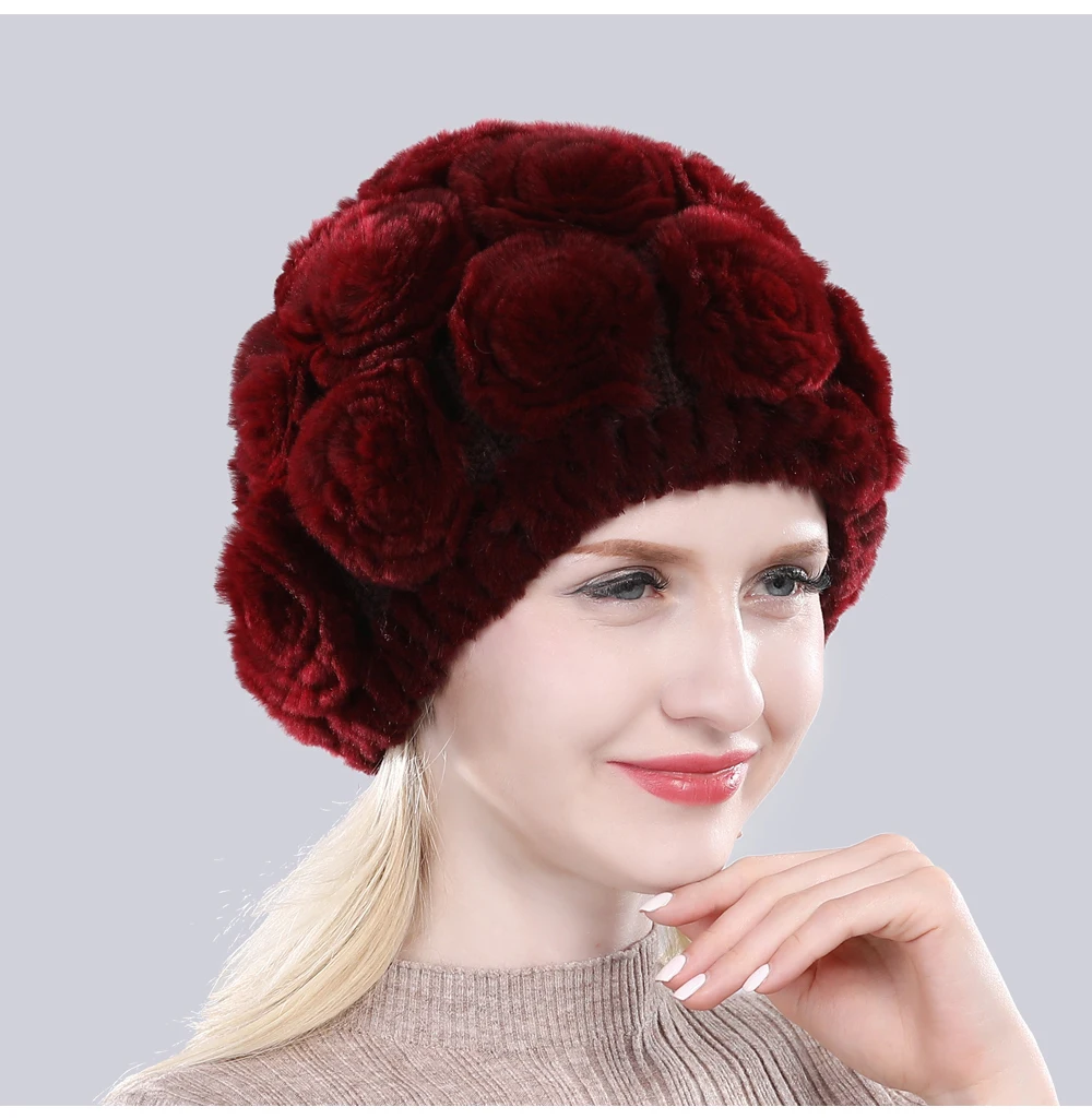 Новинка, женские вязаные шапки с цветочным рисунком, натуральный мех кролика Рекс, шапки, зимние женские шапки с натуральным мехом, Хорошие эластичные шапки из натурального меха