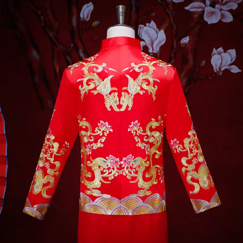 Мужской красный cheongsam тост костюмы жениха платье куртка длинное Традиционный