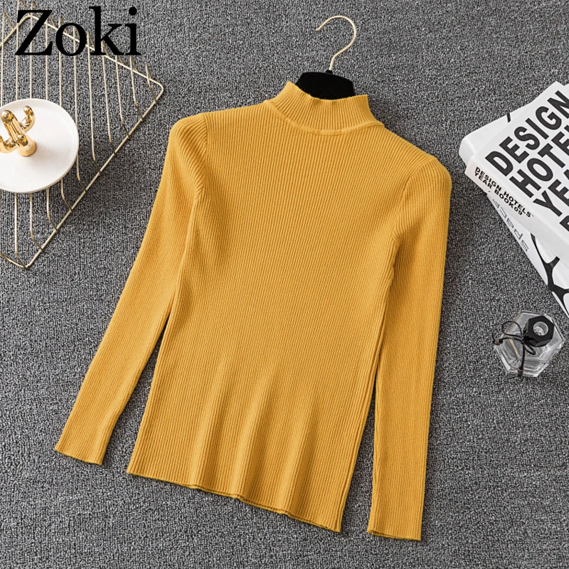 Zoki Autumn Warm Women Sweater Tight Half Turtleneck Elastic Solid Knitted Korean Pullovers Top Long Sleeve Winter Basic Jumper | Женская