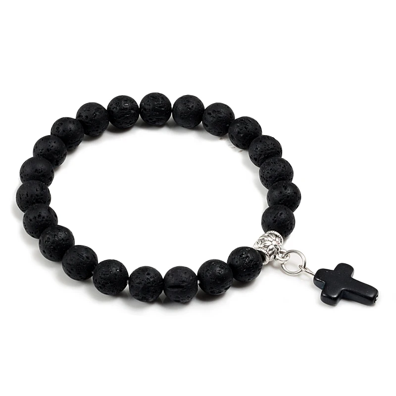 Black Lava 14 цветов Модный бисер Крест Браслеты и браслеты для мужчин натуральные вулканического происхождения Камень Strand браслет ручной работы женские молитвенные ювелирные изделия Homme - Окраска металла: Black Lava