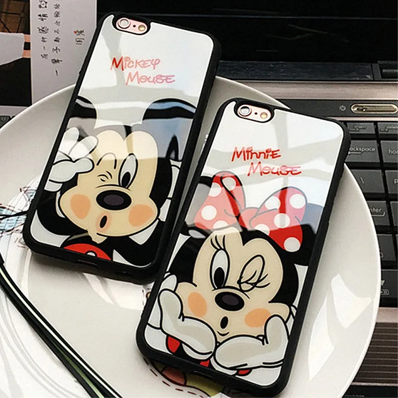 6 S & SE Дело 3D Мультфильм Микки Минни поцелуй Стекло Зеркало Силикона Случаях для