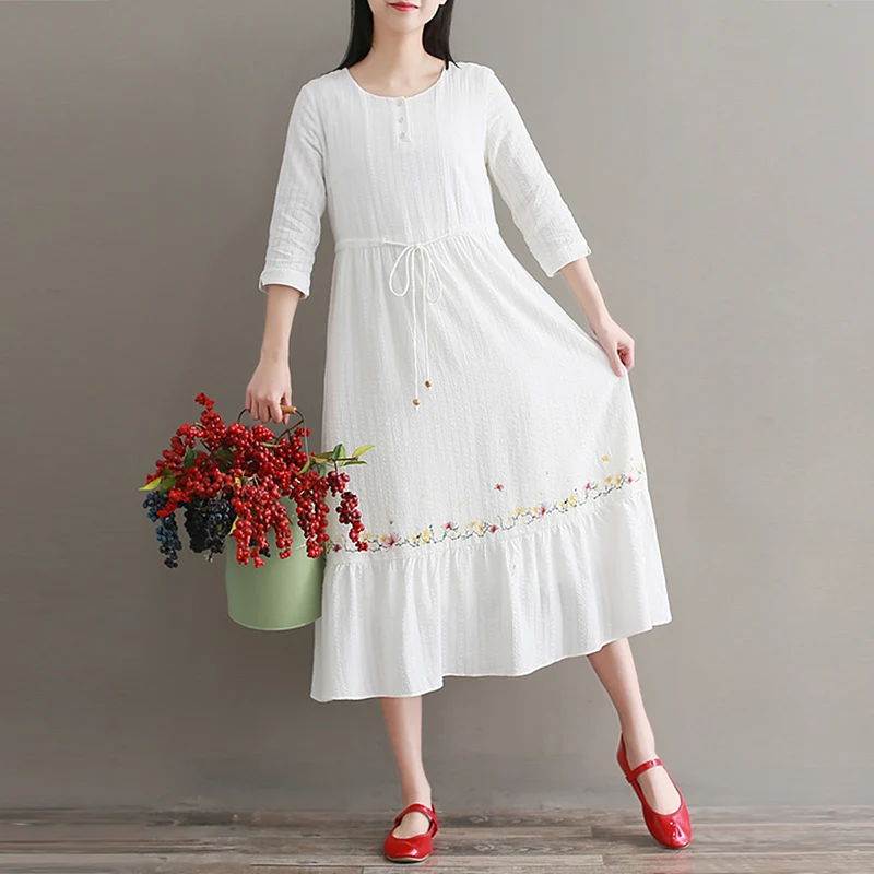 

Women Vintage embroidery Long Dress 2019 Summer Sexy O Neck Half sleeve Casual Loose Cotton and linen Dress Vestidos Plus Size