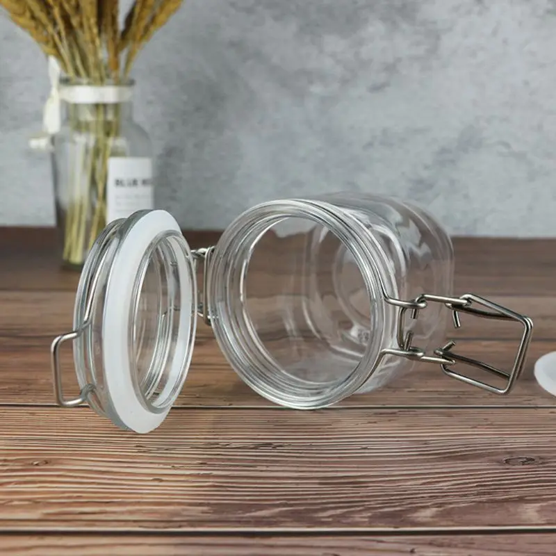 250ML Plastic Square Clip Top Storage Jar With Airtight Seal Lid Kitchen Food Container Tableware Preserving Cosmetic Cream