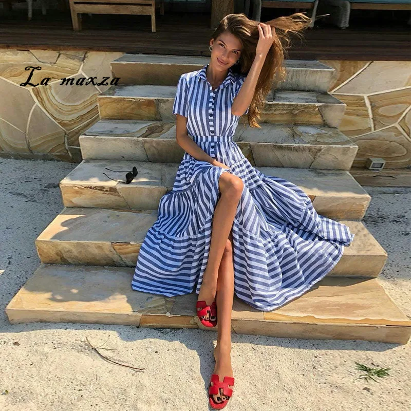 2019 женские летние богемные пляжные повседневные платья корейская мода Полосатое