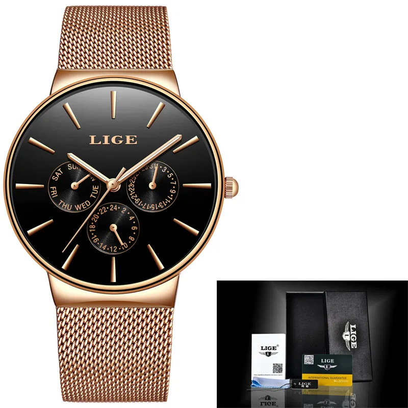 Rose gold black Часы женские супер тонкие из нержавеющей стали LIGE Топ бренд Роскошные повседневные кварцевые часы женские наручные часы Relogio Feminino - Цвет: Rose gold black