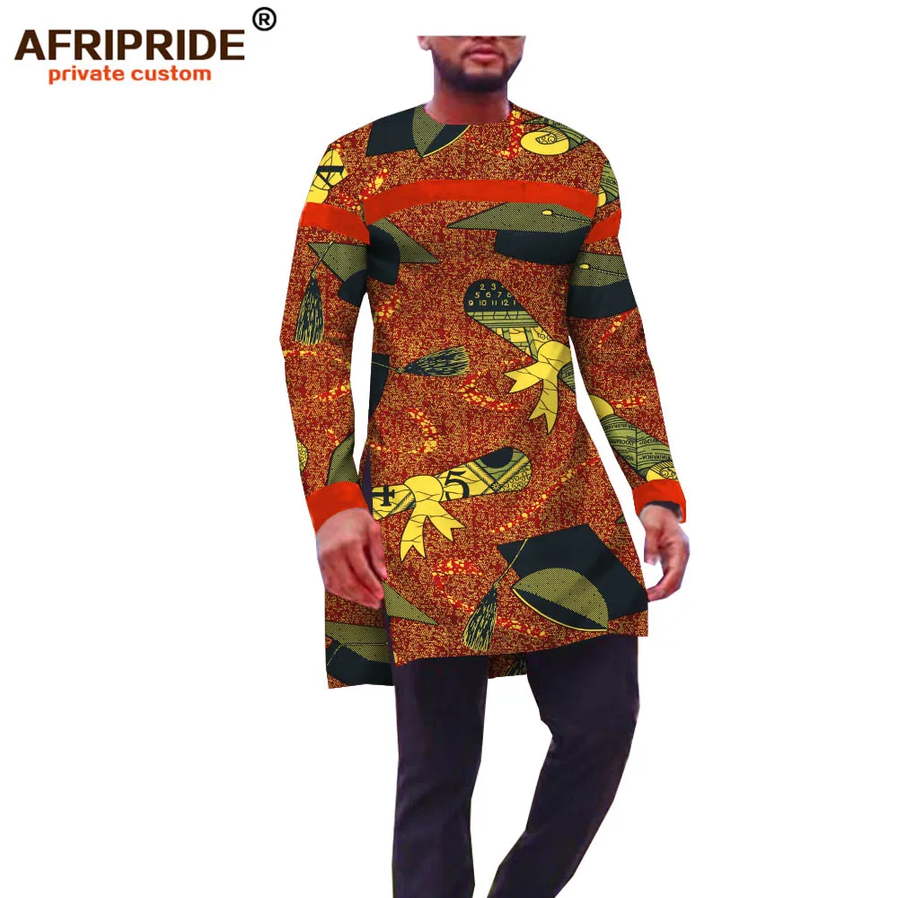 Африканская Повседневная рубашка для мужчин AFRIPRIDE сделанная на заказ рубашка с длинным рукавом и круглым вырезом с длинным разрезом по бокам африканская восковая хлопковая рубашка A1812002 - Цвет: 340J