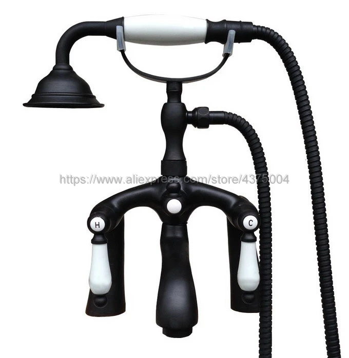 

Black Oil Rubbed Brass Dual Handle Bathroom Tub Faucet Deck Mounted Bathtub Mixer Taps with Handshower Ntf514