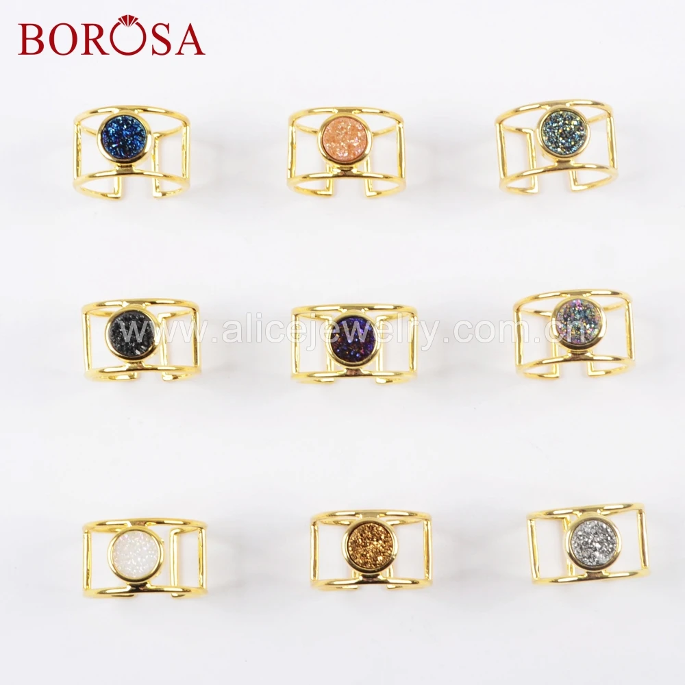 

BOROSA 10PCS Gold Bezel Rainbow Round Druzy Ring Fashion Natural Crystal Jewelry Adjustable Rings Jewelry for Women WX1041
