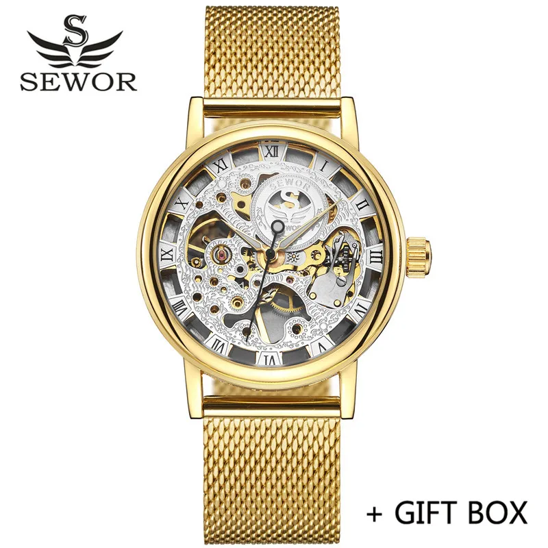 SE08602 with box SEWOR механические часы модные из нержавеющей стали с сетчатым ремешком Скелет Мужские часы лучший бренд класса люкс золотые спортивные мужские наручные часы подарок - Цвет: SE08602 with box