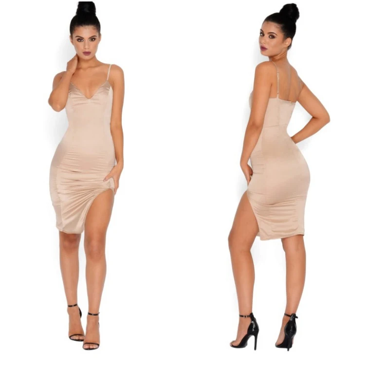 Wlke лето женщины повседневная атласная dress sexy v-образным вырезом без рукавов