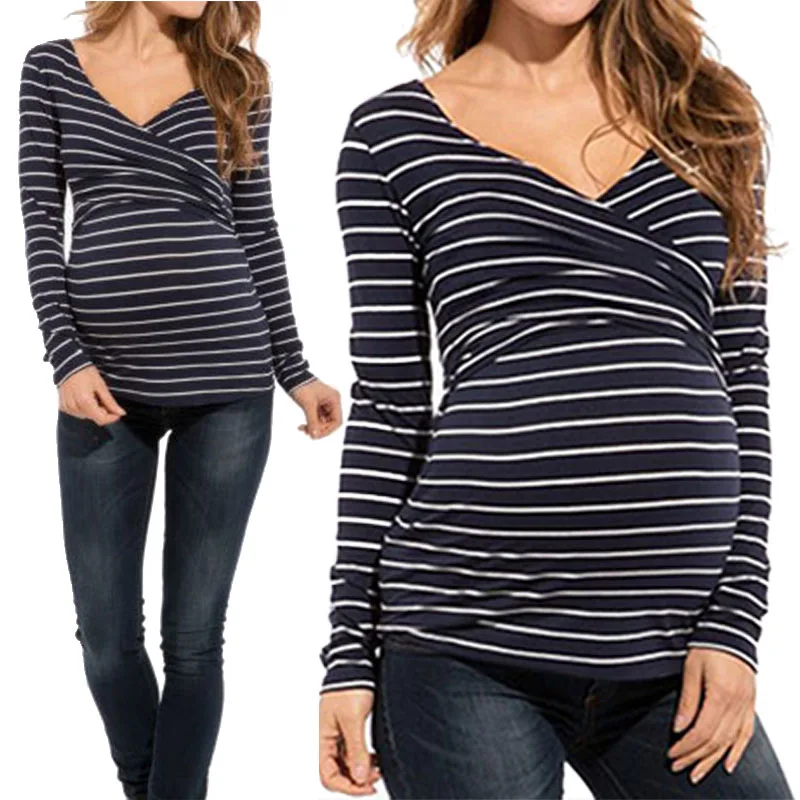 

New Pregnant Women T-shirt Maternity Blouse Breastfeeding Casual Long Sleeve Tops Striped Pregnancy Breast Feeding Nursing Shirt