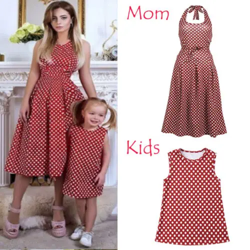 2019 Summer Womens Girl Kids Family Matching Dress Mom Daughter Wave Point Fashion Sleeveless Clothes Dresses | Мать и ребенок