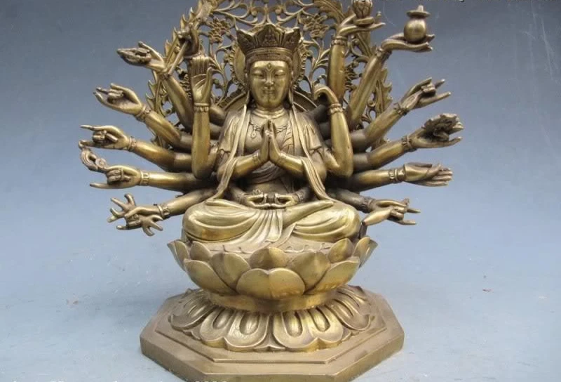 Тибетский ремесленник из чистой латуни 18 рук Avalokitesvara Kwan-Yin Будда | Дом и сад
