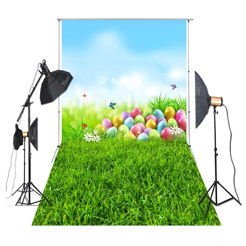 

HUAYI Photography Backdrop Easter Decoration Butterfly Painted Eggshell Flower Grassland Sunny Bankground for Studio XT-7065