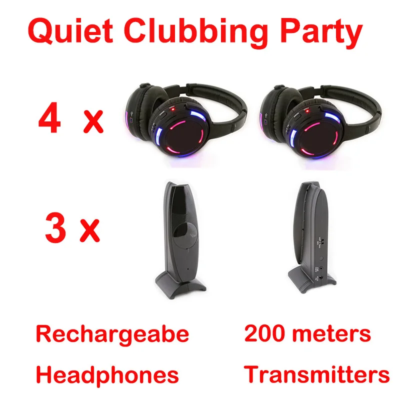 

Silent Disco complete system black led wireless headphone - Quiet Clubbing Party Bundle (4 Headphones + 3 Transmitters)