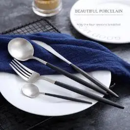 Silver Black Набор посуды с покрытием из нержавеющей стали, золотой, синий, черный, нож, вилка, столовые приборы, белый, Европейский, Западный, роскошный набор еды, 4 шт - Цвет: Silver Black
