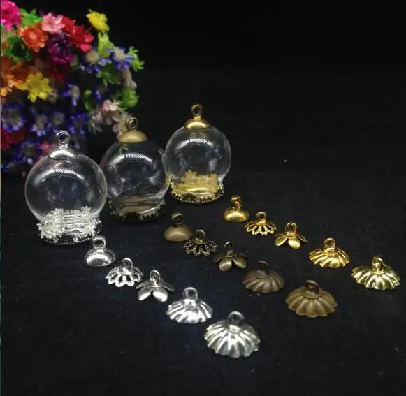 

100pcs 20*15mm clear glass globe flower tray 8mm cap set glass wishing bottle vial pendant necklace diy glass cover dome jars