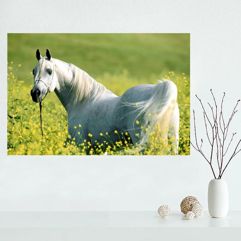 Красивый постер с изображением белой лошади атласный на заказ тканевый