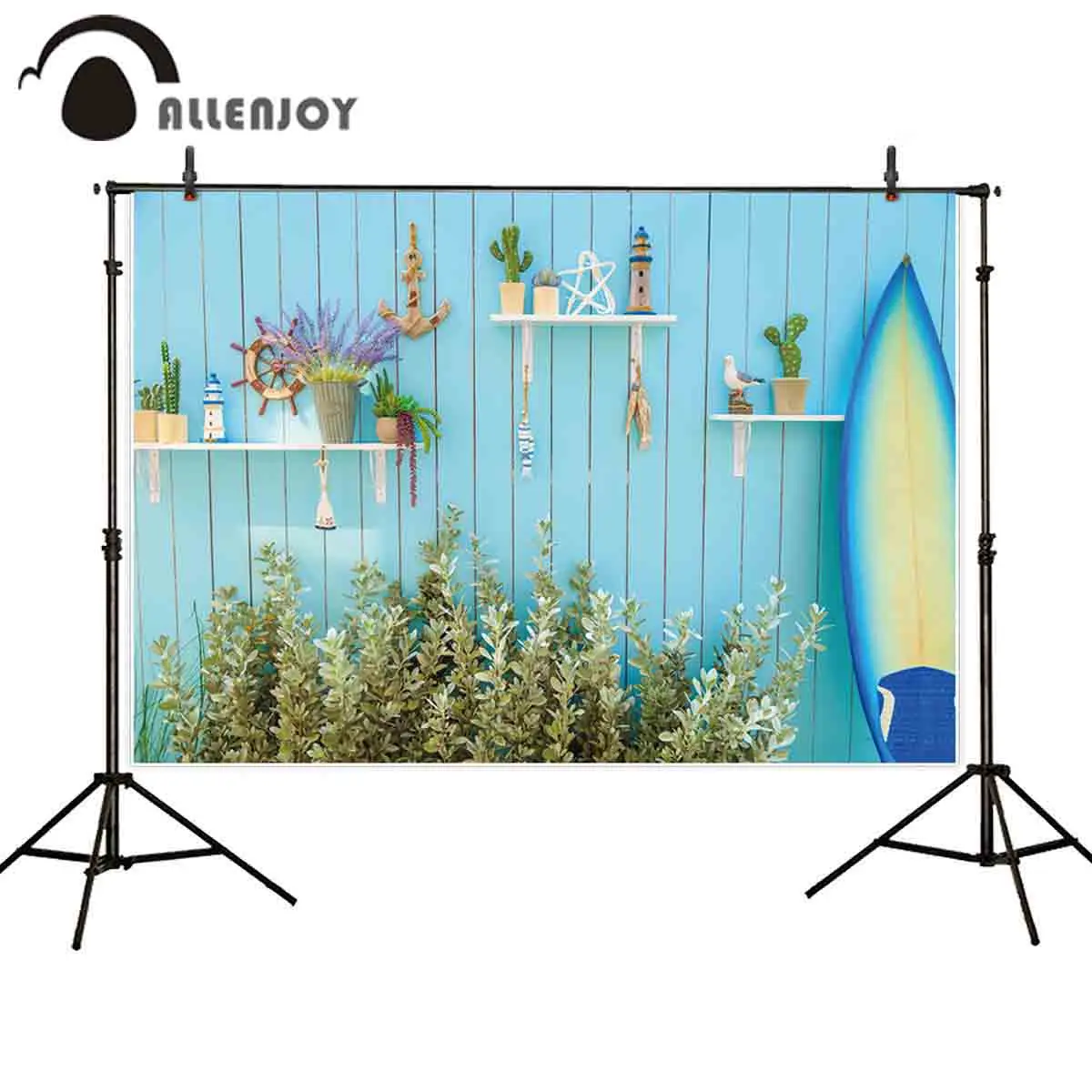 Allenjoy photography background summer surfboard cactus plant decor blue wooden board backdrop photo studio photobooth photocall |