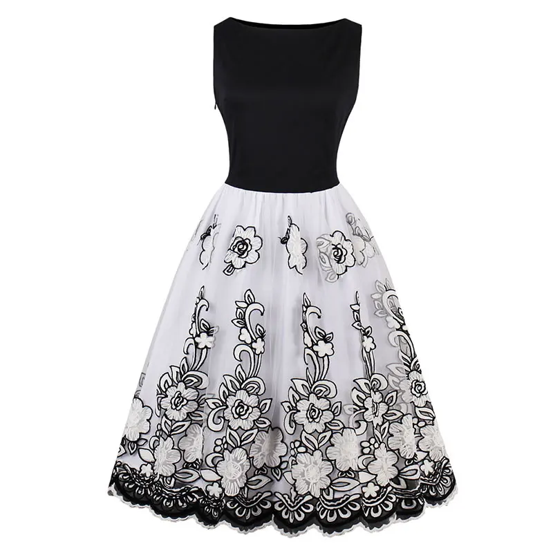 [JAVERS] Gorgeous Floral Embroidery 50s Vintage Rockabilly Ball Gown Party Dress Women Sleeveless Mesh Patchwork Plus Size | Женская