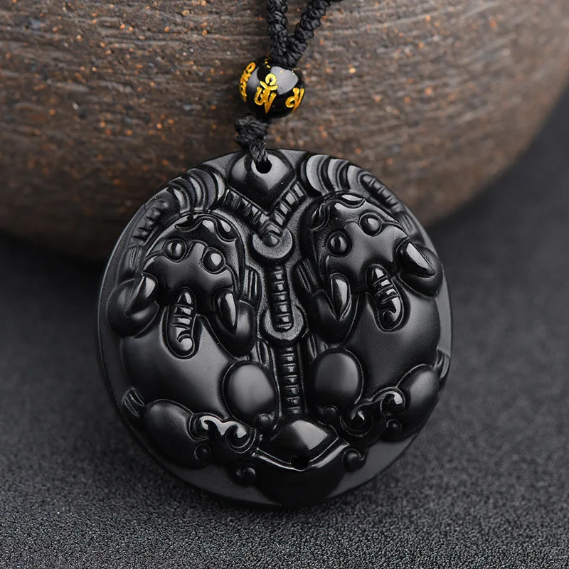 Ювелирные изделия натуральный обсидиан двойное мифическое дикое животное кулон