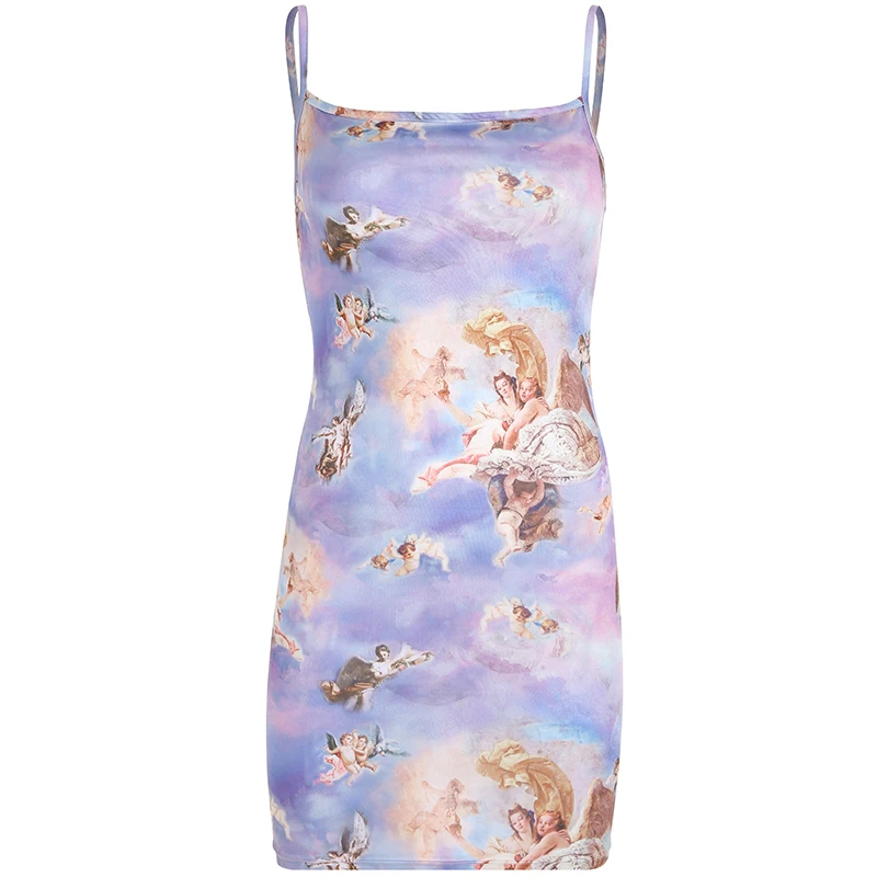 

2019 Fashion Summer Cartoon Printing Dress Women Sexy Bodycon Dress Street Style Dresses Casual New Little Angel Printed Blue