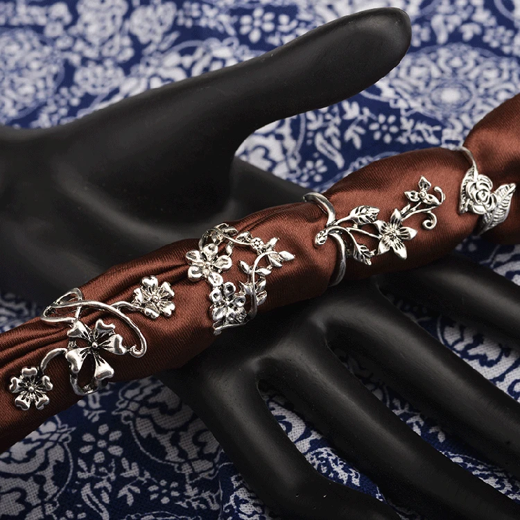 WKOUD Alloy Metal Three-Dimensional Flower Leaf 4 Piece Set Ring Silver color for women Vintage Lady Jewelry | Украшения и