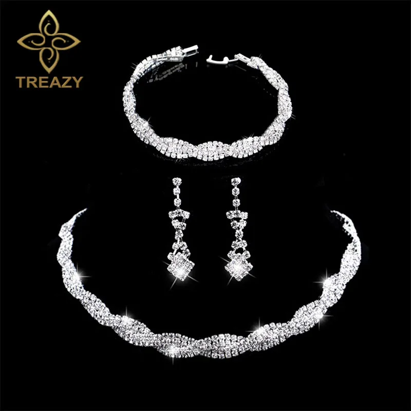 Комплект свадебных ювелирных изделий со сверкающими посеребренными стразы