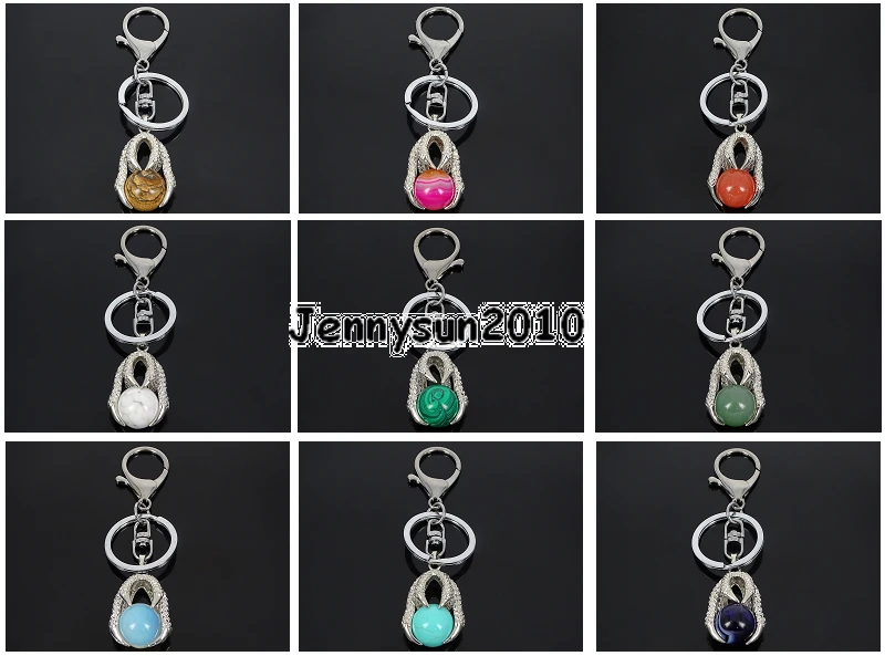 

Natural Gems Stone Dragon Eagle Claw Round Ball Charm Beads Silver Plated Key Ring Healing Jewelry Design 5Pcs/Pack