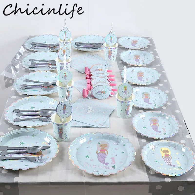 

Chicinlife набор одноразовой посуды в форме русалки, декор для дня рождения, чашки, тарелки, свадьба, Baby Shower, для девочек, Русалка, товары для вечеринки