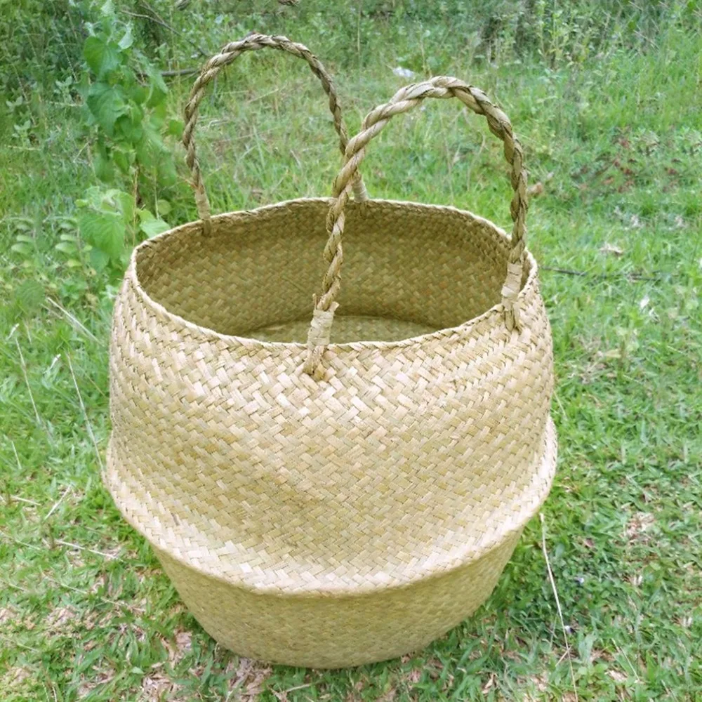 Household Foldable Natural Seagrass Woven Storage Pot Garden Flower Vase Hanging Basket With Handle Bellied | Дом и сад