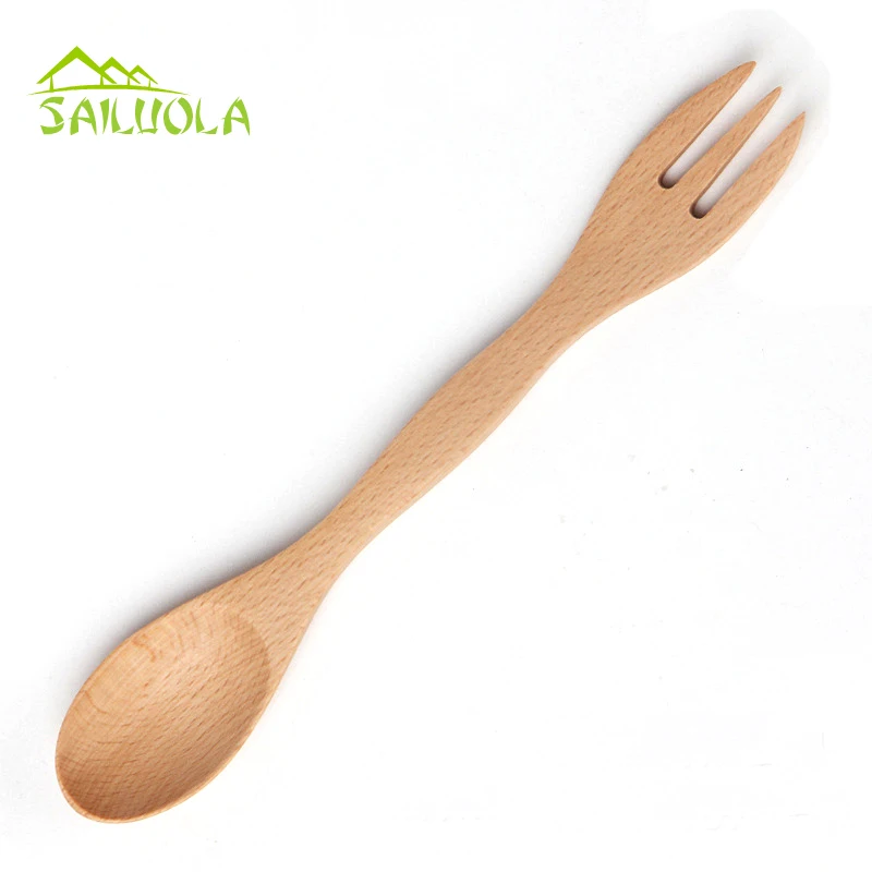 Натуральный Spork деревянная ложка из бука вилка двойного назначения креативный