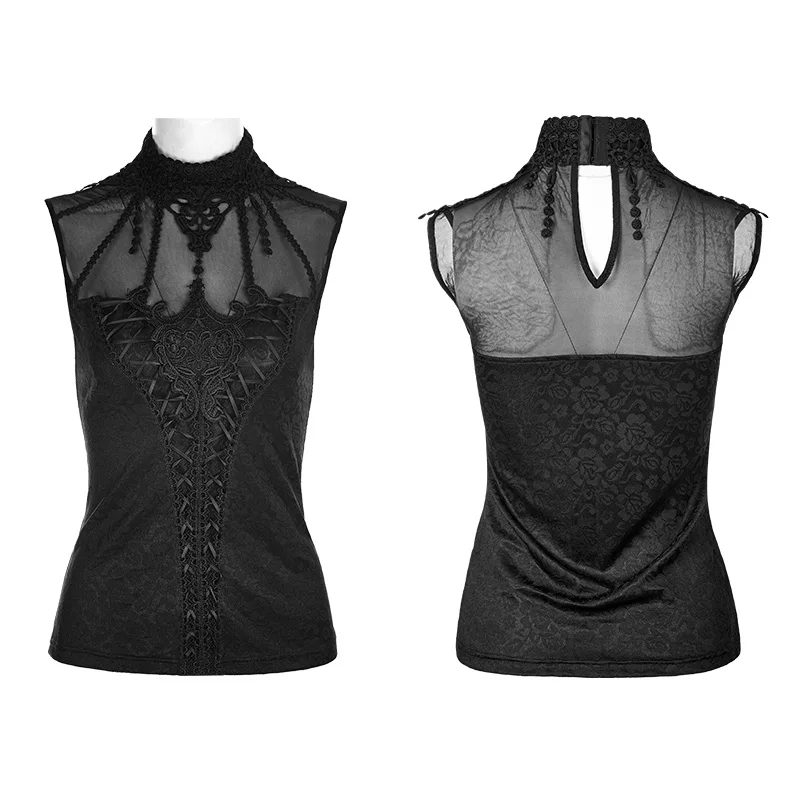PUNK RAVE 2018 New Arrivals Women Sleeveless T-Shirt Gothic Gorgeous Fringed Lace Collar Draw String T-shirt | Женская одежда