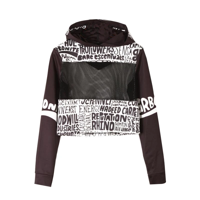 

Fashion Sweatshirt Mesh T-shirt Short hooded jacket Wild high waist Small blouse tide letter Long sleeve workout clothes