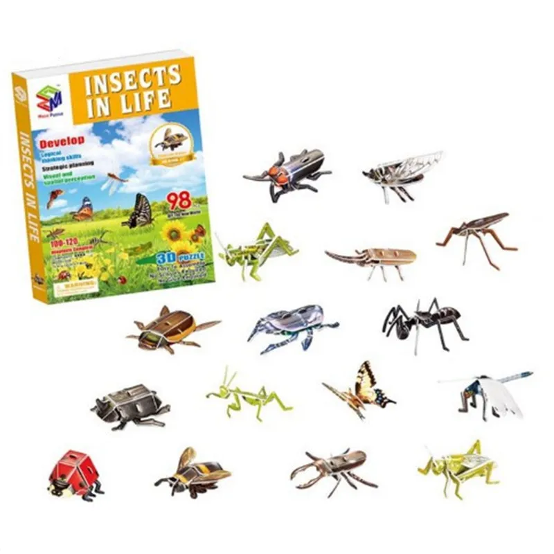 

16 Insect in Life 3D Coated Paper Cicada Dragonfly Butterfly Ant Locust Ladybugs Firefly Beetles Cricket Puzzle Assembled toys