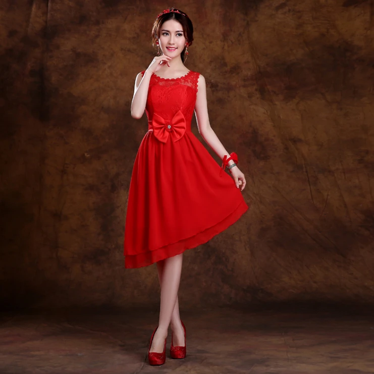 2017 дешевые красный элегантные девушки o шеи короткие довольно невесты платья