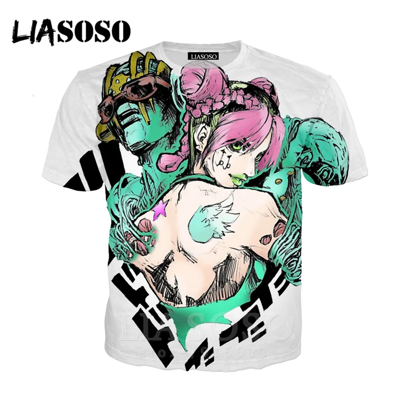 LIASOSO, аниме, 3d принт, футболка для мужчин и женщин, Harajuku, joJo's, хип-хоп, причудливый, homme Adventur, футболка, рок, футболки, homme, футболка E835